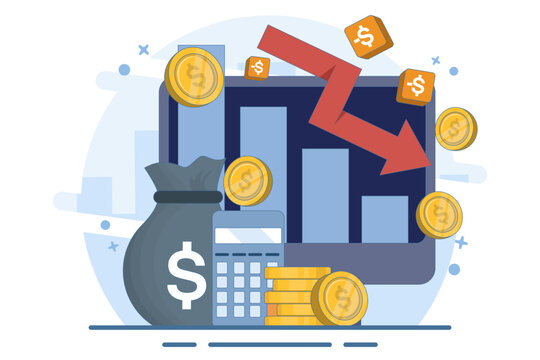 Cost reduction concept. Sales down, financial crisis. Business finance down. Loss crisis, bankruptcy down. Can be used for web pages, banners, mobile apps. Vector Illustration