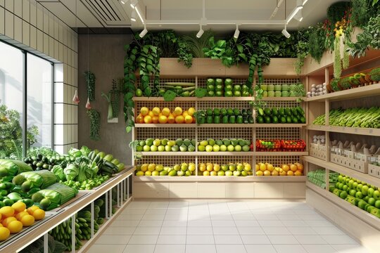 A large produce section of a grocery store with a lot of fresh fruits and vegetables. The produce is displayed in a way that makes it easy for customers to see and pick out what they want