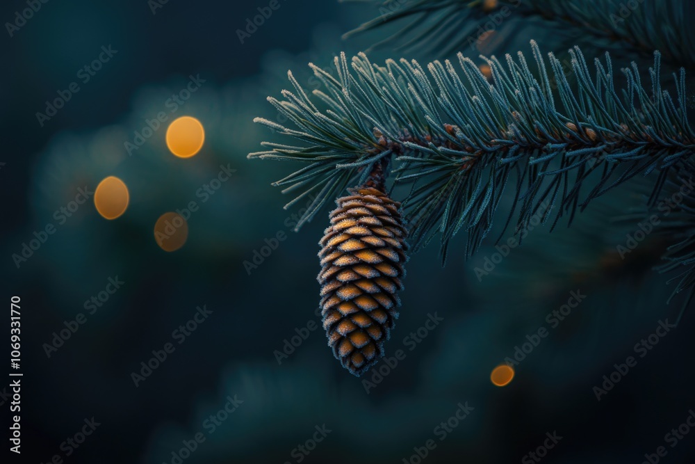Poster a pine cone hangs from a pine tree branch, surrounded by lush greenery