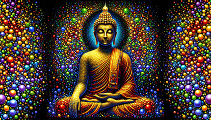 Illustration of buddha statue with colorful dot background 