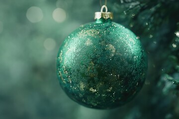 A green ornament hangs from a Christmas tree