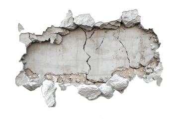  large crack in a wall with a white background. The crack is wide and deep, and the wall is crumbling. decay and destruction, as the wall is falling apart visible concrete slab