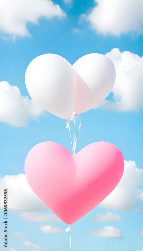 Poster two balloons with hearts on them are floating in the sky
