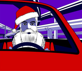 Handsome man dressed as Santa Claus driving a car against the background of an overpass and city skyline. The theme of Christmas in modern city life. Vector illustration.