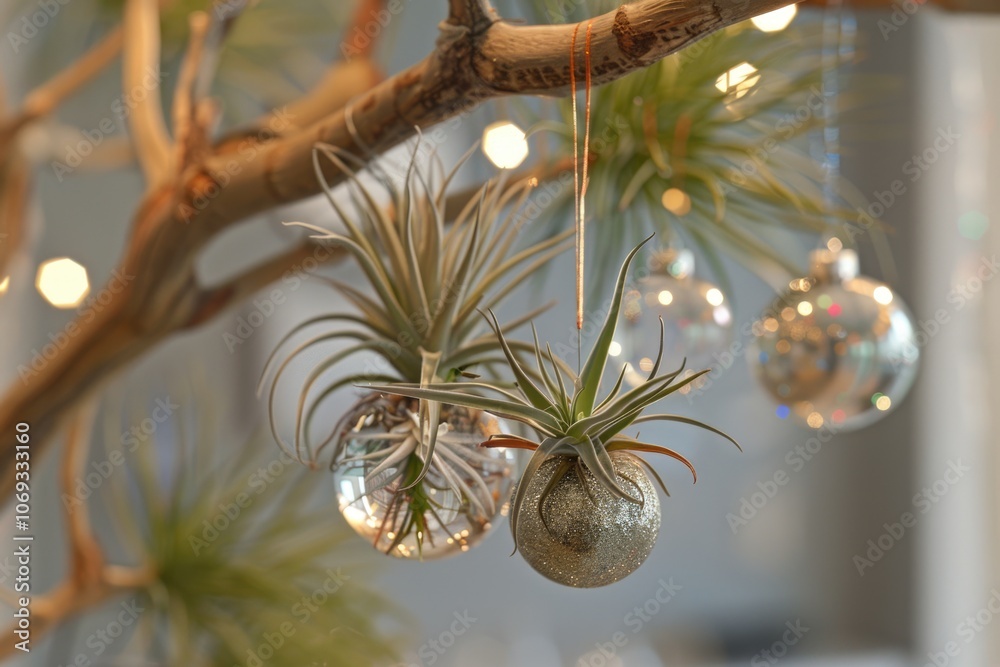 Poster three air plants suspended from a tree branch in a natural setting