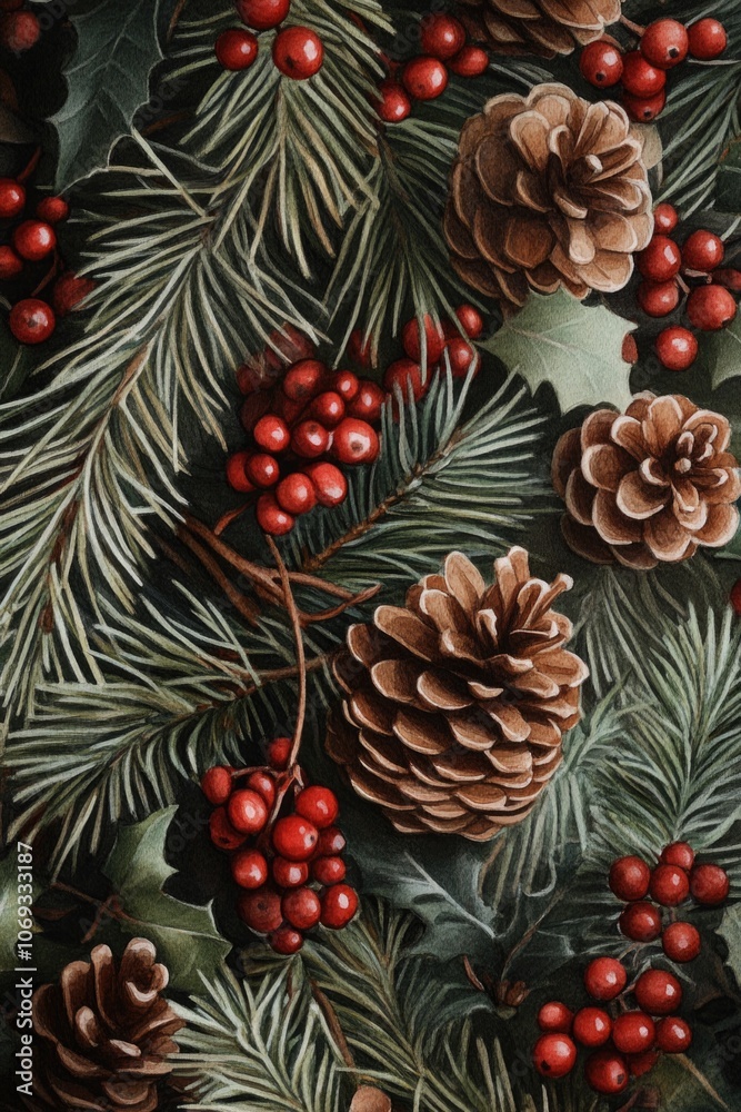 Poster a still life image of pine cones arranged with red berries