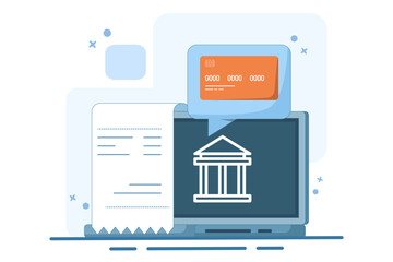 online payment concept on computer, flat cartoon paying big bill via payment card and laptop, financial accounting, electronic payment notification with digital receipt. Vector illustration.