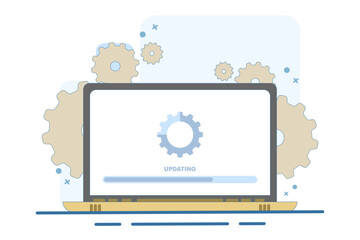 Laptop computer with software update screen, System maintenance, update process, operating system update, software installation, operating system. Flat vector illustration on background.