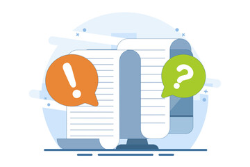 Concept Document file paper collaboration review comment. question mark and exclamation mark discussion about writing text content image clipart. illustration icon vector graphic flat.