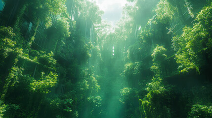 Obraz premium A dense, lush urban area overgrown with vegetation, illuminated by soft green light and creating a serene, mystical atmosphere