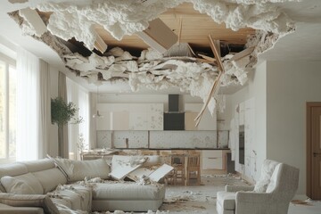A stunning view of a modern living room with a damaged ceiling. The scene evokes feelings of chaos and transformation. Perfect for art or design concepts. Generative AI