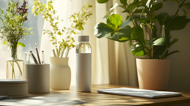 Wellness Planner Desk: Clean desk with a wellness planner and water bottle, inspiring productivity.   