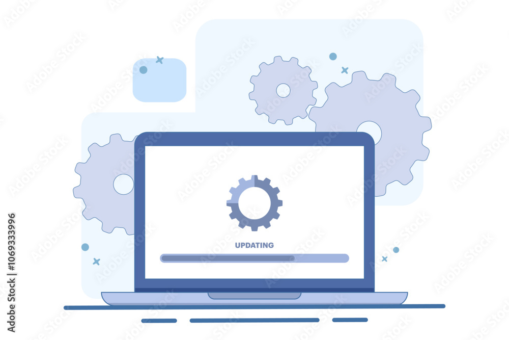 Wall mural laptop computer with software update screen, system maintenance, update process, operating system up