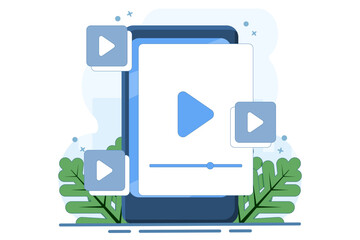 video player screen concept on smart device, online video content with window for landing page, UI, mobile app, Education or e-learning and video tutorial. Flat illustration.