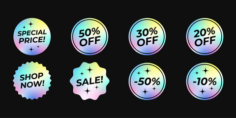 Holographic gradient sticker set. Shiny futuristic neon trendy isolated vector elements. Promotional labels with text. Special price, percentage, shop now, sale etc.