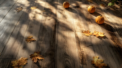 Wooden Floor with Autumn Decor: Wooden floor adorned with autumn decorations.   