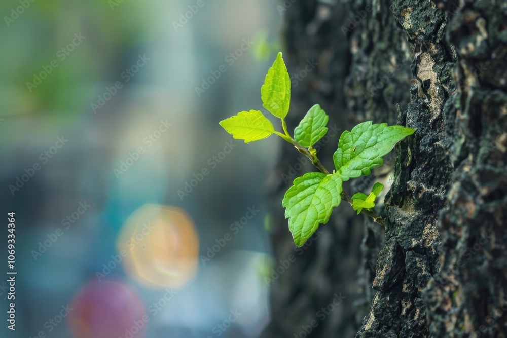 Poster a small plant grows out of a crack in a tree trunk, highlighting the resilience and adaptability of 