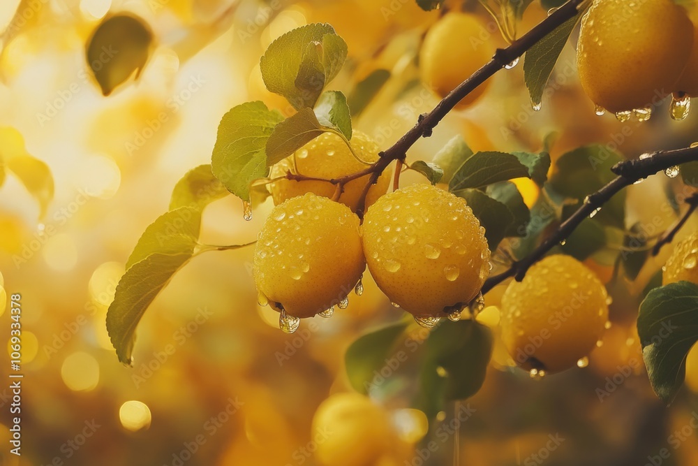 Poster a group of yellow lemons hang from the branches of a tree, ripe for picking
