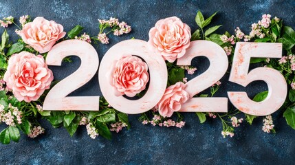 Elegant floral arrangement featuring the year 2025 with pink roses and greenery, perfect for celebrations, invitations, or digital content related to New Year events and memorable moments,