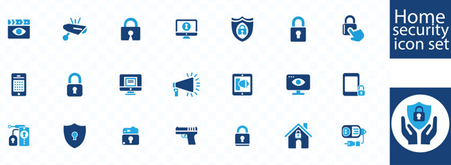 Home security icon set. Containing alarm, surveillance, lock, CCTV, thief, key, intrusion detection, guard dog and more. Vector solid icons