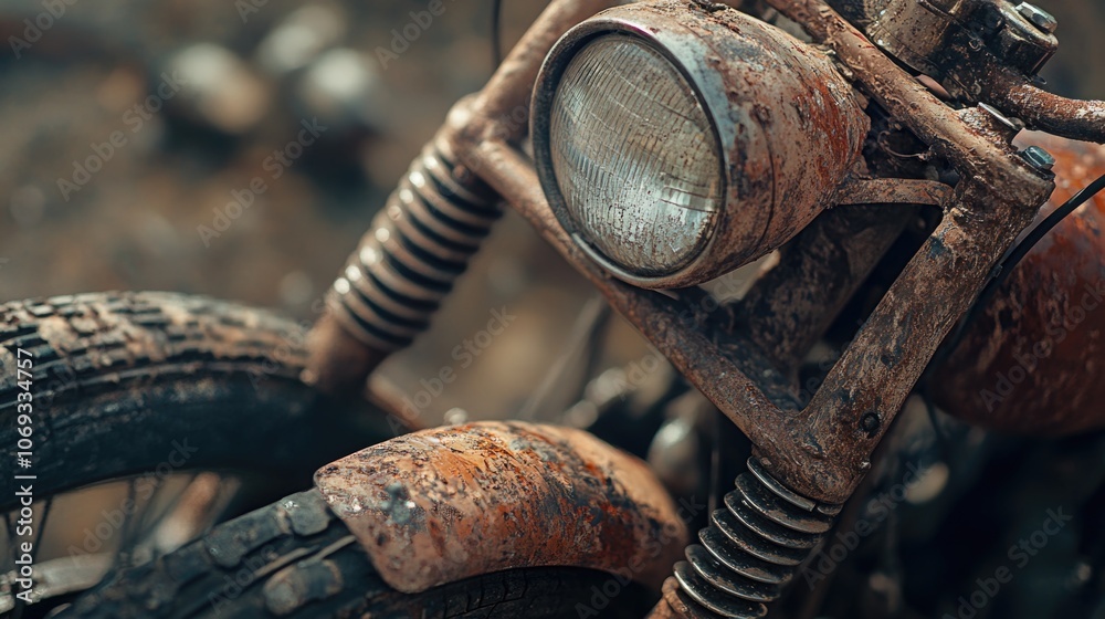 Poster a close-up view of a motorcycle's rusty headlight, perfect for automotive or transportation-related 