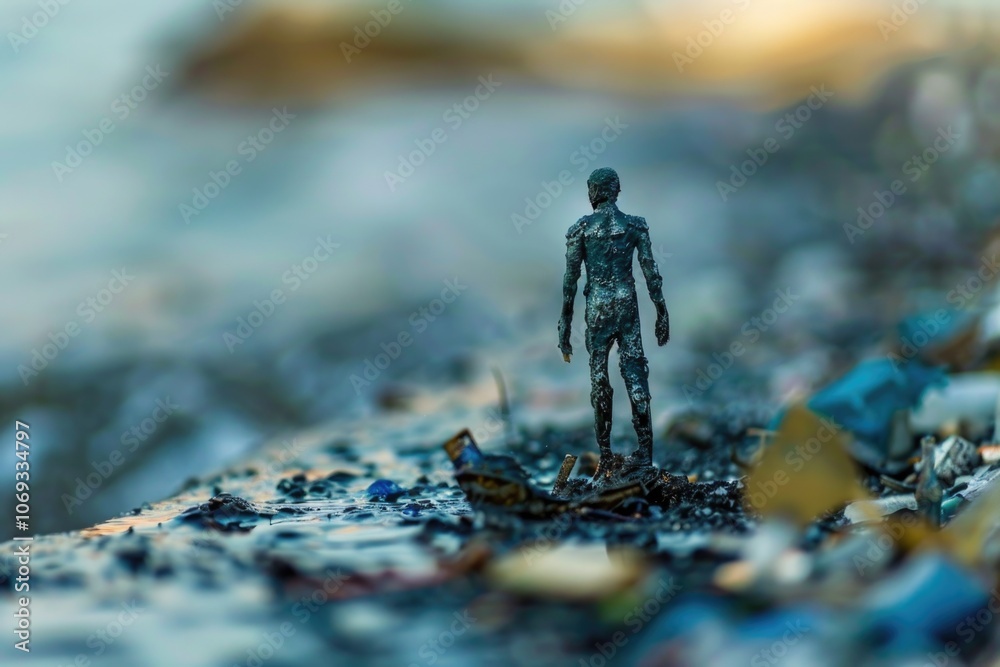Poster a small toy figure stands amidst a pile of garbage, highlighting the issue of waste and pollution
