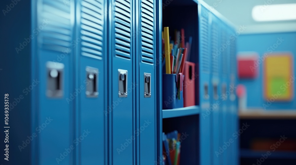 Poster row of blue lockers in a modern classroom setting