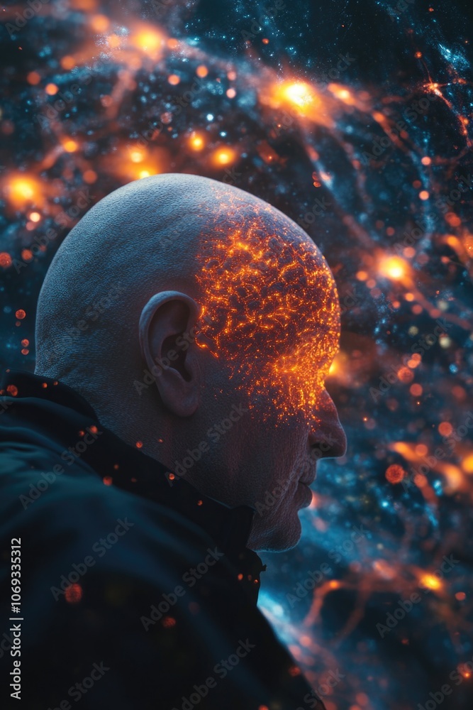 Poster A person with an illuminated brain, possibly representing a sci-fi or futuristic concept