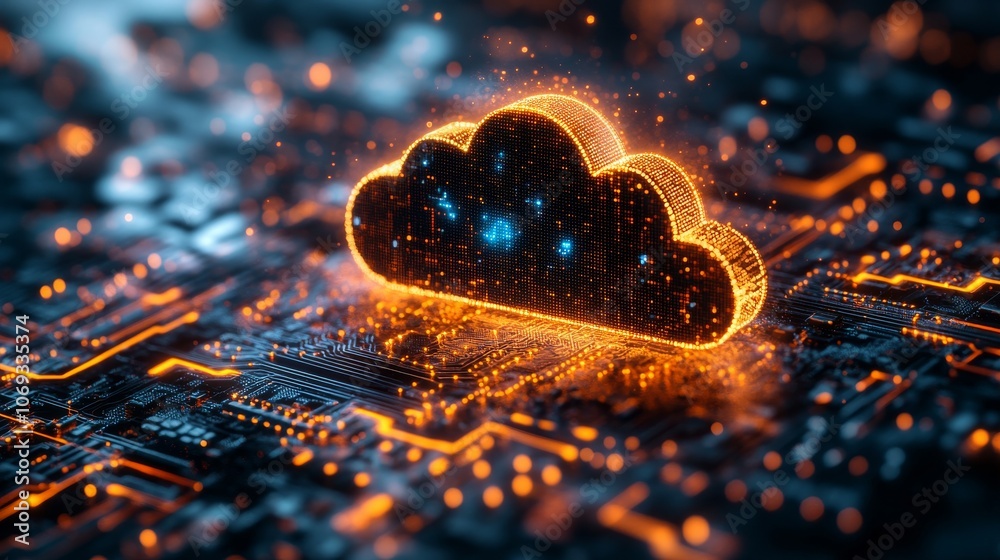 Poster digital cloud on a circuit board with glowing lights, technology and innovation concept