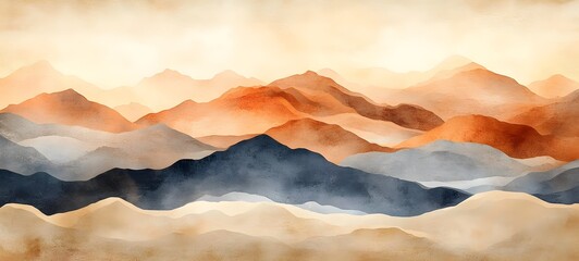 A serene landscape featuring layered mountains in shades of orange, blue, and beige, evoking a calm and tranquil atmosphere. Perfect for nature lovers and art enthusiasts.