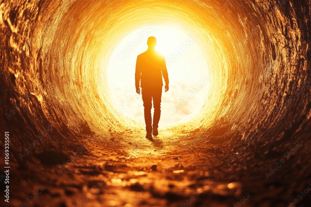 Poster a lone individual stands in a dimly lit tunnel, illuminated by a faint light at the end