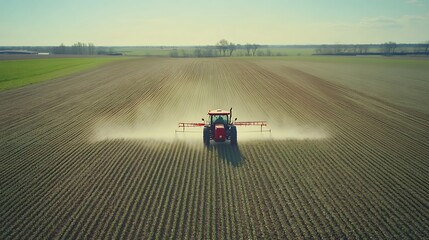 Fototapeta premium A tractor is spraying a field