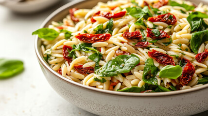 Orzo salad with spinach and sundried tomatoes in a bowl.