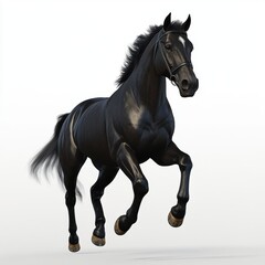 Fototapeta premium A majestic black horse in mid gait, showcasing its elegance and strength against a light background.