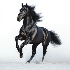 Fototapeta premium Majestic black horse galloping gracefully in soft sand against a light background.