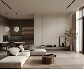 Aesthetic elegant minimalist modern interior design. Clear mock up empty wall for decoration in the apartment. Copy space in the room. Neutral palette of natural colors.
