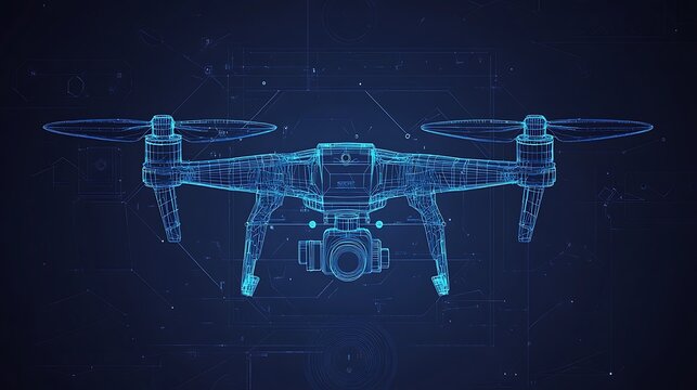 A blue wireframe drawing of a drone   and  camera attached with it.
