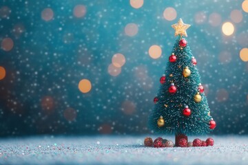 Obraz premium Christmas Tree with Colorful Ornaments on Blue Blurred Background