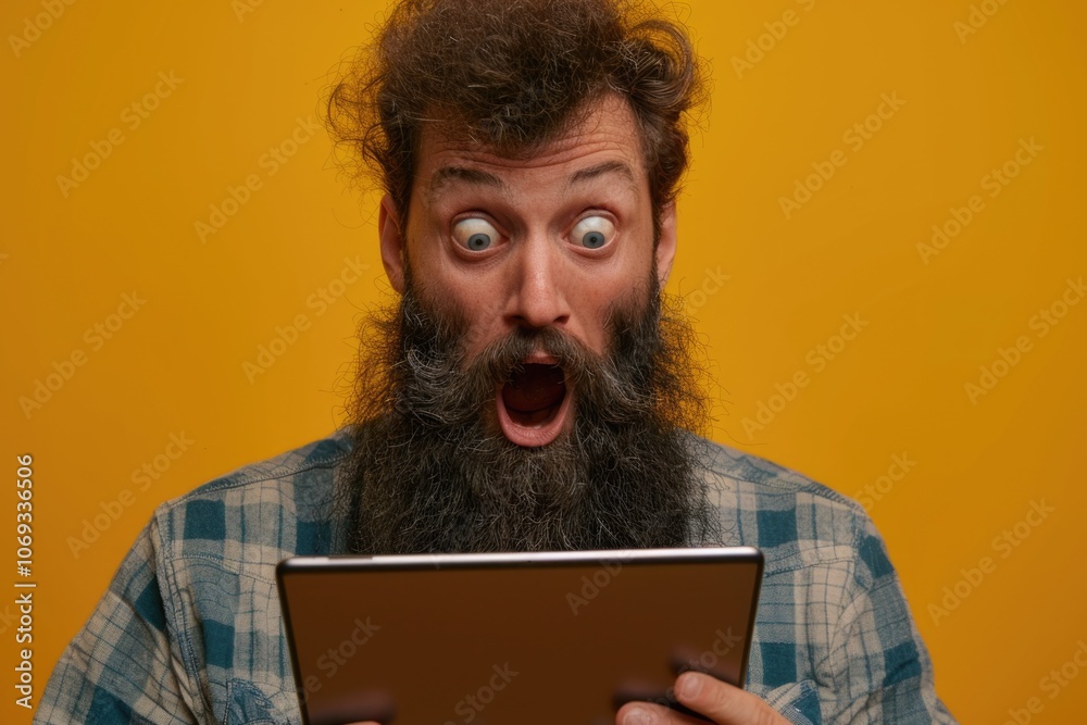 Poster a person with a long beard holds a modern tablet computer, suitable for illustrations of tech-savvy 