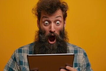 A person with a long beard holds a modern tablet computer, suitable for illustrations of tech-savvy individuals or ancient wisdom in the digital age