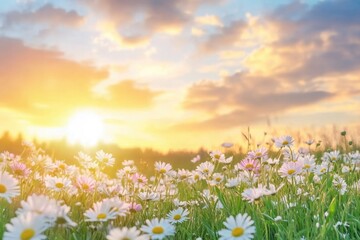 A serene scene of daisies in a field at sunset, great for outdoor or nature-themed projects © Fotograf