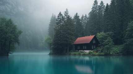 Fototapeta premium A tranquil lakeside cabin surrounded by misty forests in the early morning light