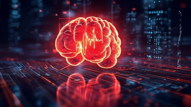 Digital brain glowing with heartbeat waves over a futuristic cityscape at night