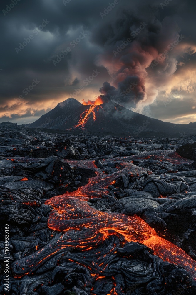 Poster a picture of a volcano erupting with lava flowing out, suitable for use in contexts such as natural 