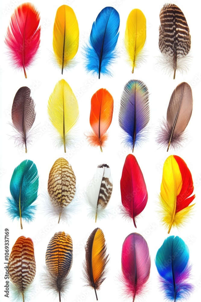 Poster A collection of colorful feathers arranged on a white background