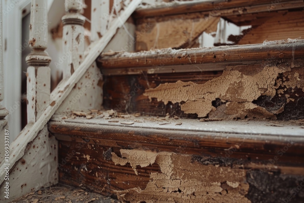 Aufkleber A close-up shot of peeling paint on a staircase, suitable for use in architecture or construction context