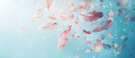 Delicate Pink Feathers and Petals Falling on a Blue Background