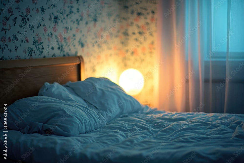 Poster a single bed with a white comforter sits next to a window
