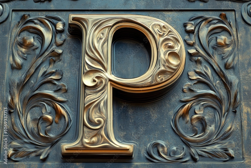 Poster a close-up shot of the letter p on a building facade, suitable for use in graphic designs or as an i