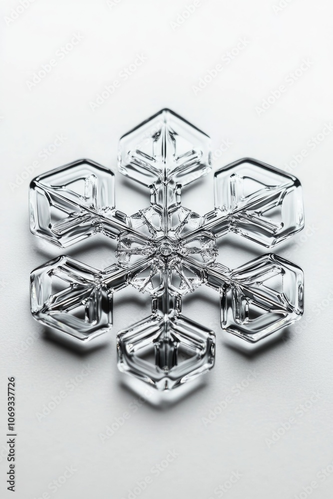 Poster a detailed view of a delicate crystal snowflake sitting on a white background